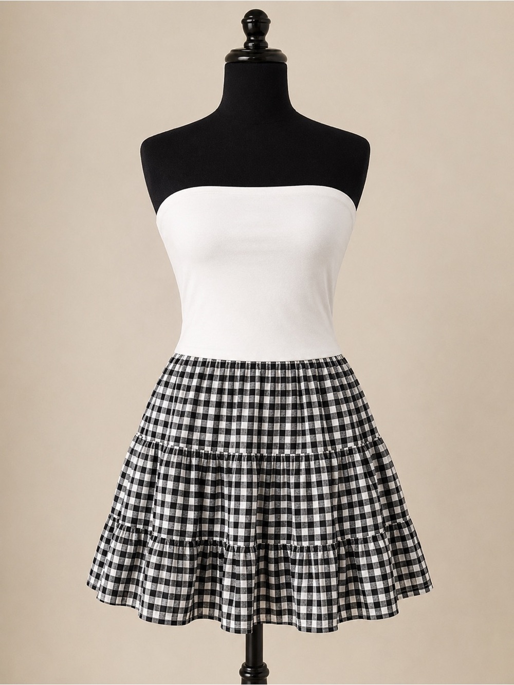 Thirty Thirty Strapless Gingham Tiered Mini Dress Size M Black White NWT - Picture 3 of 17